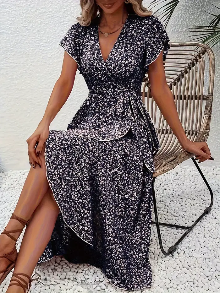 Robes d'été pour femmes, Sexy, col en V, manches courtes, taille haute irrégulière, à lacets, imprim
