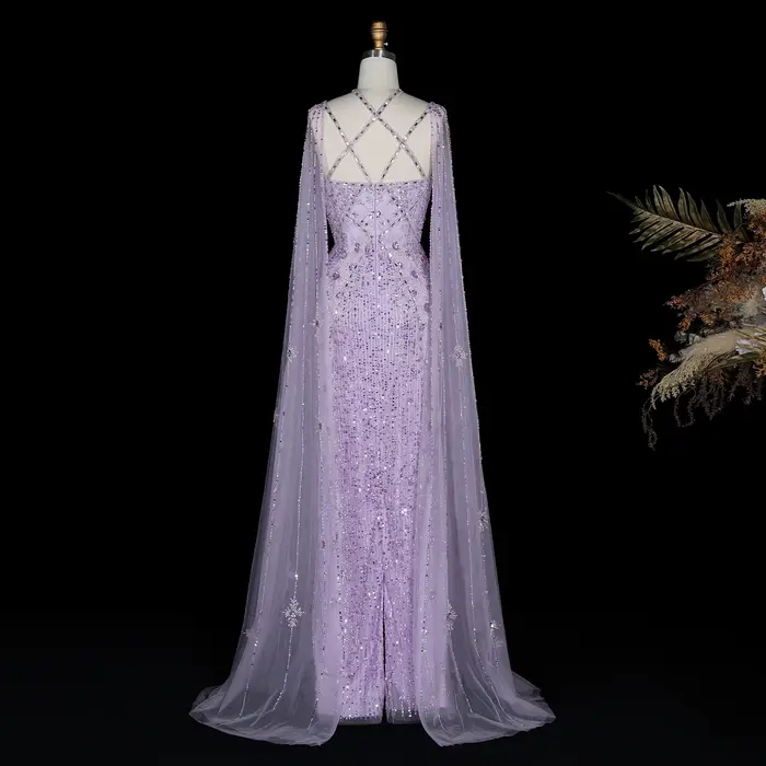 Sharon Said Dubai Champagne sirène robes de soirée avec manches Cape Aqua croisé lilas robe
