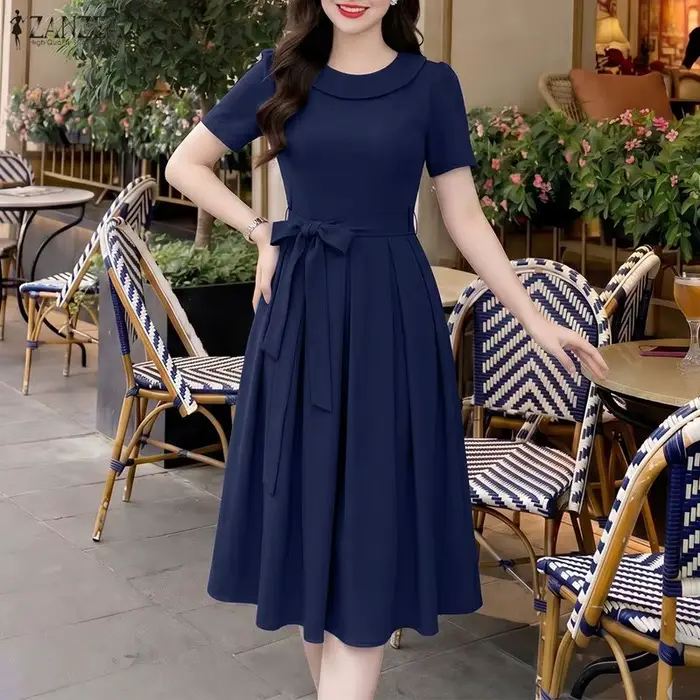 Robe d'été pour femme coupe A en polyester avec ceinture à lacets col rond et fermeture éclair dos style bohème rétro