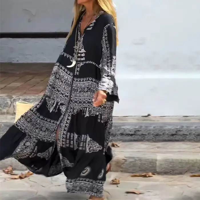 Robe bohème imprimée ethnique pour femmes, Vintage, manches longues, col en V, ample, vacances, Fest
