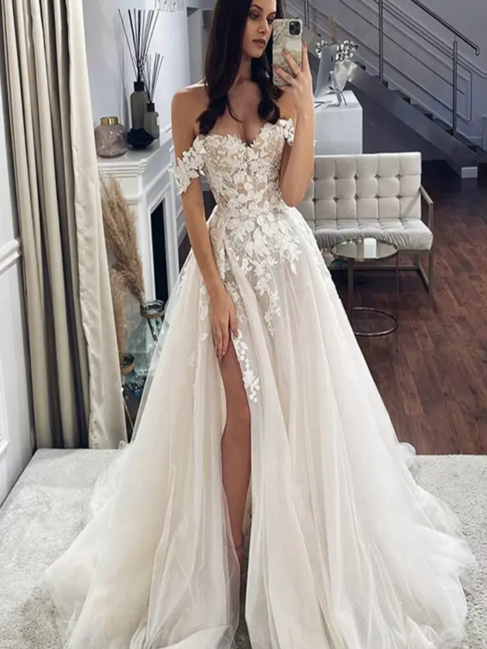 Robes de mariée trapèze en dentelle élégante, épaules dénudées, col en cœur, fente latérale, Vintage