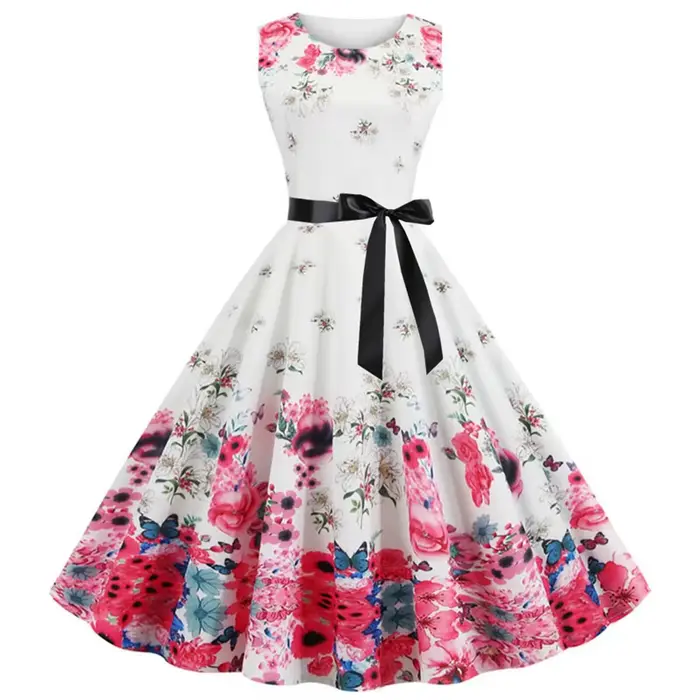 Soldes d'été : Robe midi sans manches à motif floral 3D et pois, style vintage frais, col rond, gran