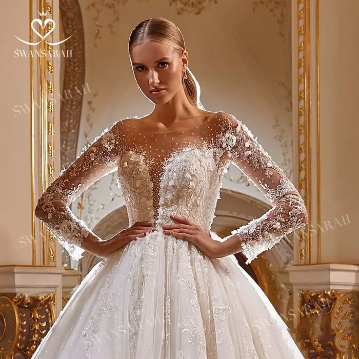 Robe de mariée de luxe perlée 2026 à manches longues avec appliques en dentelle