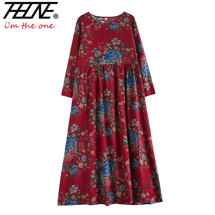 Robe longue en lin de coton imprimé bohème pour femmes