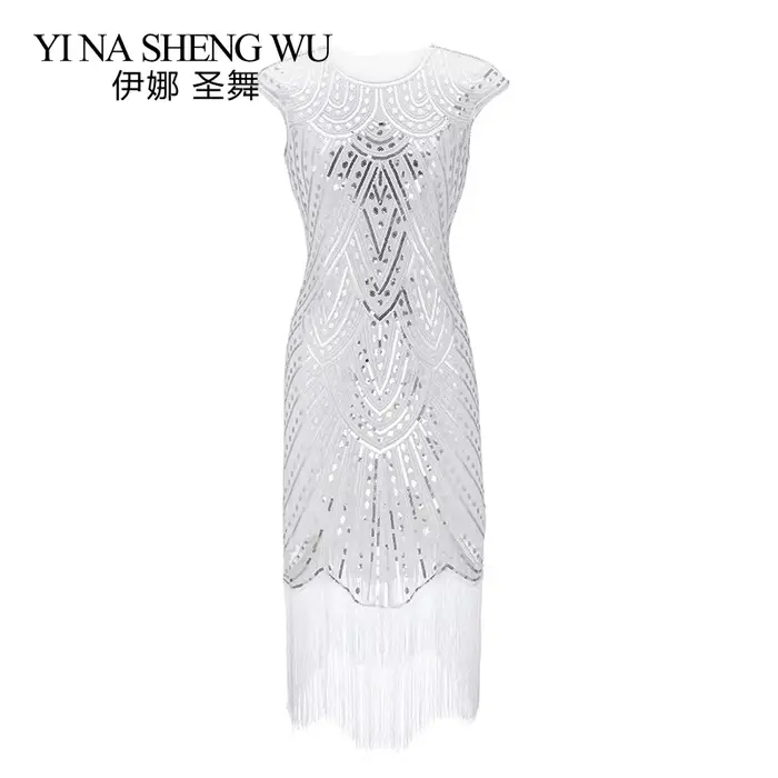 Robe de soirée évasée à franges perlées à paillettes pour femmes
