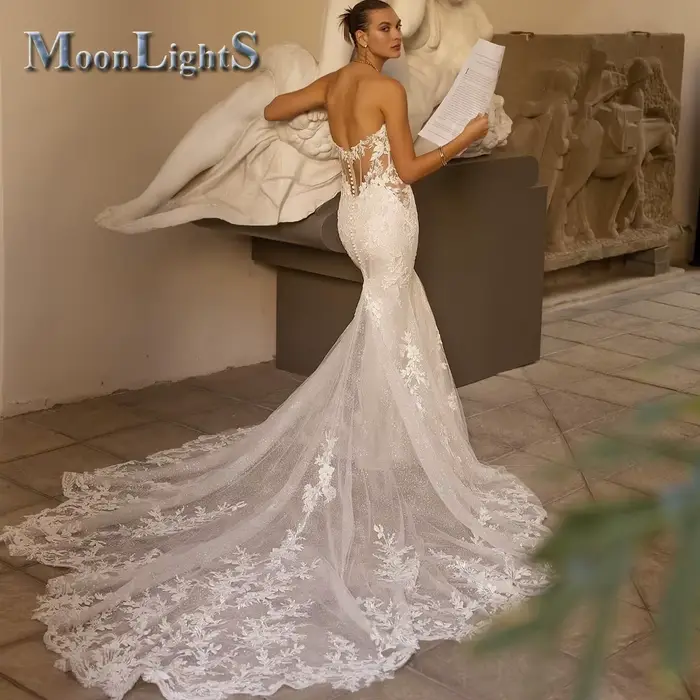Robes de mariée sirène scintillantes au clair de lune, appliques en fibre de dentelle à boutons, rob