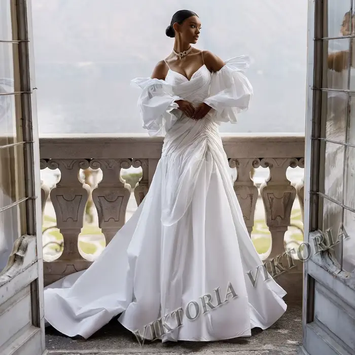 VIKTORIA-Robe de Mariée Sirène Élégante en Satin pour Femme, Bretelles Spaghetti, Plissée à Lacets,