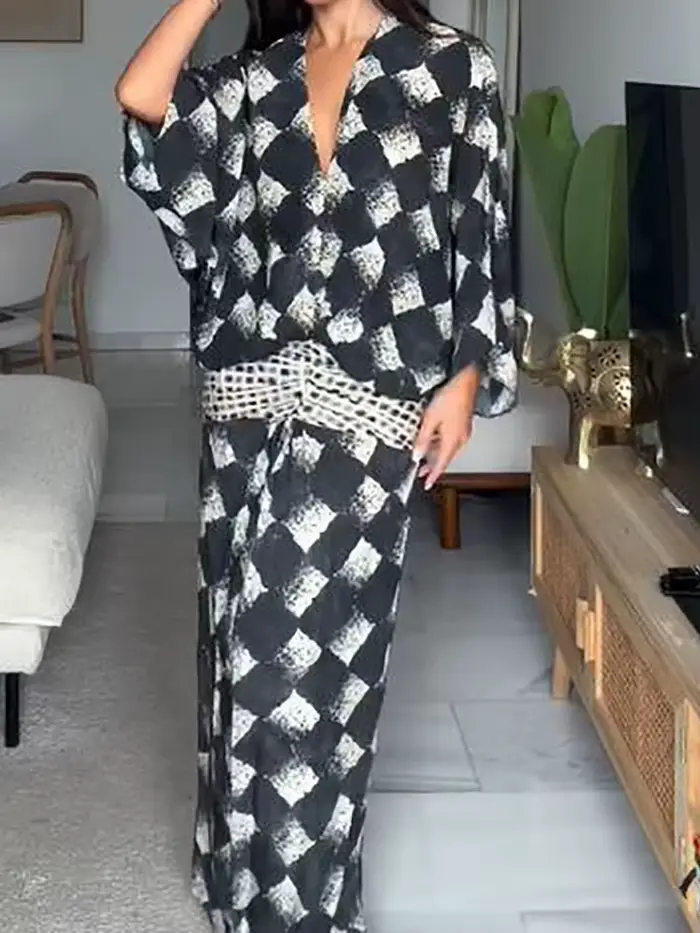 Robe longue décontractée à manches chauve-souris et patchwork