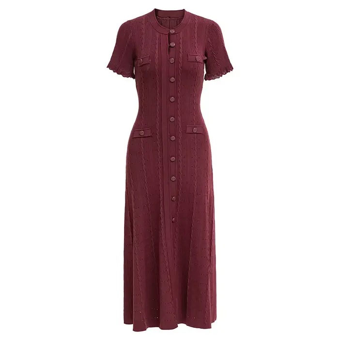 Robe midi élégante de style français à manches courtes en maille côtelée