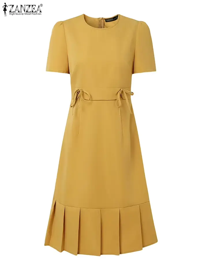 ZANZEA femmes robes de soirée été à manches courtes coréen genou longueur Robe d'été 2025 mode plissée couleur unie