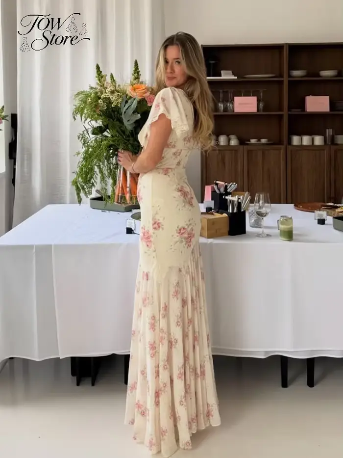 Robe longue plissée à manches volantées pour femme