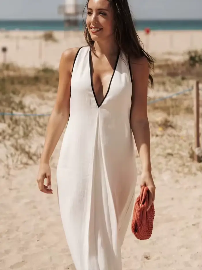 HH femmes vacances nouveau solide col en v lin mélange robe mi-longue été femme élégante Sexy sans manches fendu ourlet