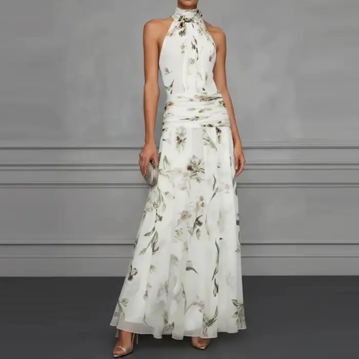 Robe d'été décontractée style bohème imprimé floral plissée sans manches col halter taille haute pour femmes occasions spéciales