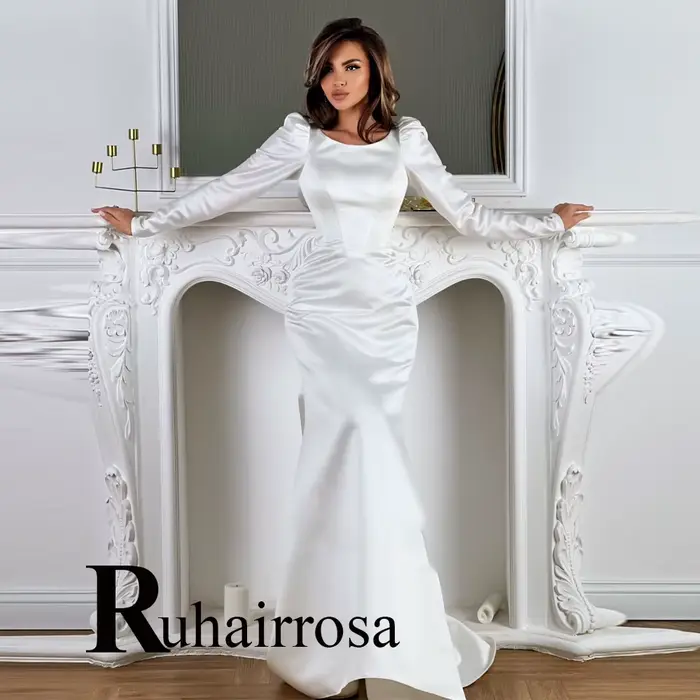 Ruhair robe De mariée élégante pour femmes col rond manches bouffantes à lacets sirène Satin balayag