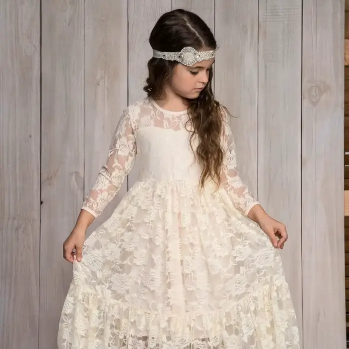 Robe élégante pour filles avec manches longues, dentelle rose brodée, robe de princesse, vêtements pour enfants, demoiselle d'honneur, mariage, remise de diplôme, robe Eid