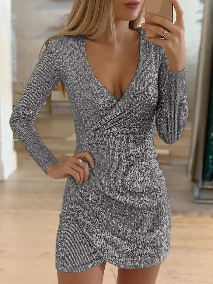Robes pour femmes 2025 Sexy col en v profond argent paillettes Mini robe moulante printemps automne à manches longues robe de soirée femme