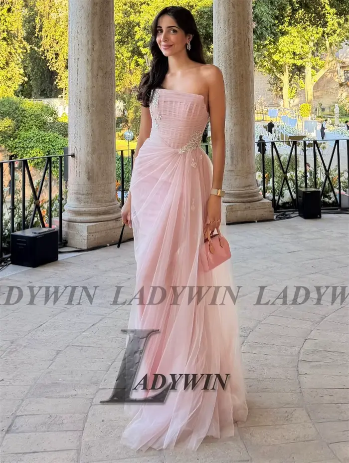 LADYWIN Robe de Soirée Asymétrique Modeste Personnalisée Rose Poudré en Tulle
