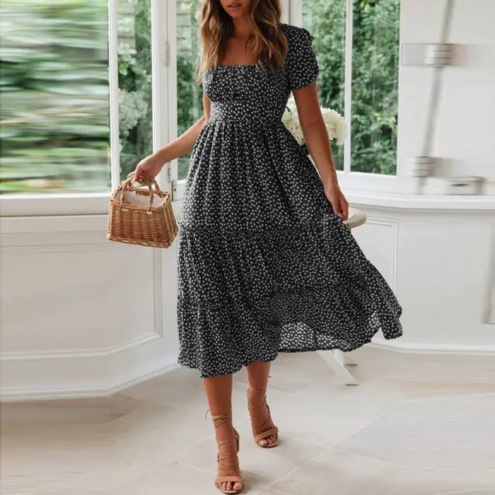 Robe d'été à fleurs fragmentées pour femmes, manches courtes évasées, décontractée, fluide, mi-longu