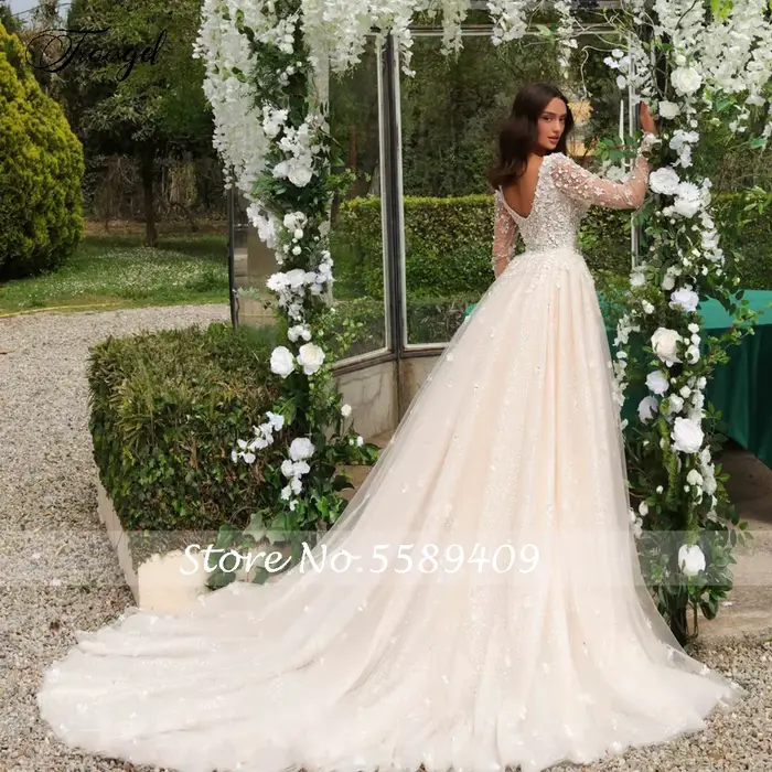 Robes de mariée sirène personnalisées, col en V, manches longues, dentelle, poignées de fleurs 3D, train amovible, luxe