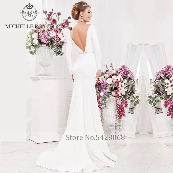 Michelle Royce robes De mariée sirène Sexy Scoop manches longues dos nu bouton perlé Court Train