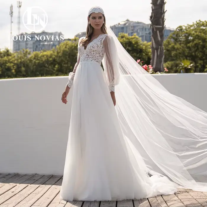 Modiis-Robe de mariée trapèze en dentelle brodée, col en V, manches bouffantes, jupe dos nu, bohème,
