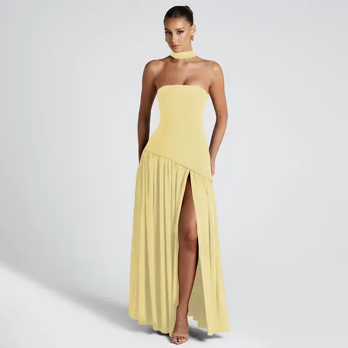 Nouvelles robes 2025 femme mode été gaine couleur unie robe fendue Sexy dos nu haute fente jupe vêtements pour femmes
