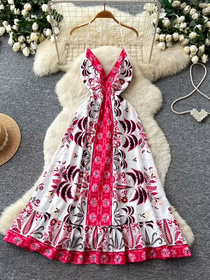 Robe d'été pour femme style vacances, col en V, imprimé floral, col halter, coupe camisole, effet am