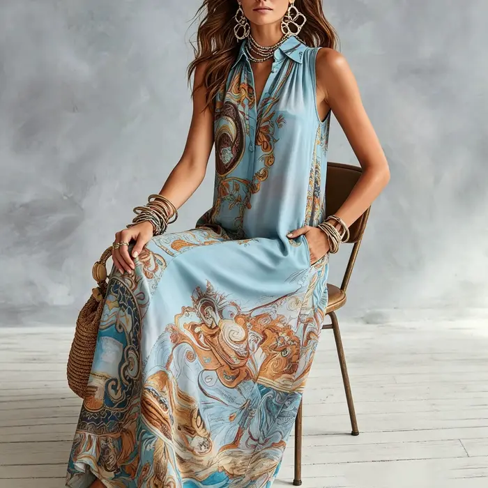 Robe longue élégante sans manches pour femme imprimée numériquement col rabattu simple boutonnage style bohème été occasions spéciales