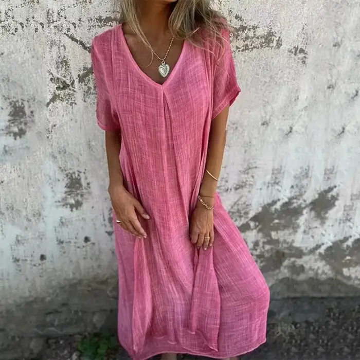 Robe de plage droite en mélange de coton style bohème pour femme col en V et drapé bleu orange rose été