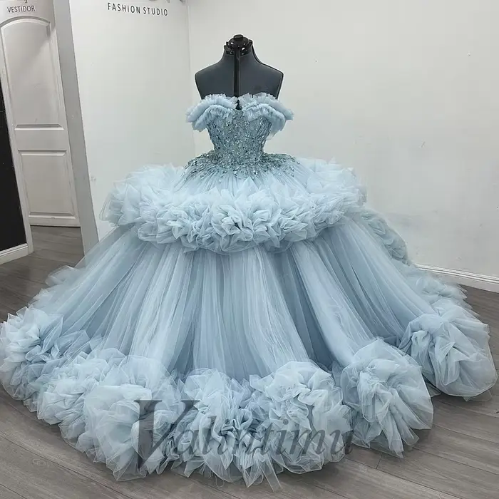 Valintimu Robe de Quinceanera froncée à couper le souffle pour fille Tulle strass Court Train