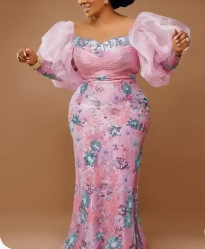 Robe de Soirée Africaine Rose à Manches sulfpour Femme
