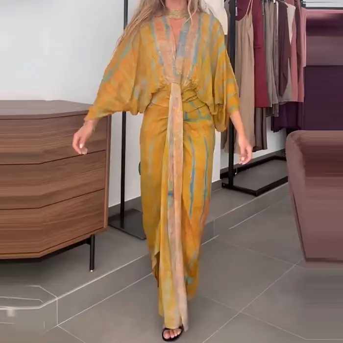 Manches chauve-souris plissées décontracté femmes robe longue Vintage imprimé col en v