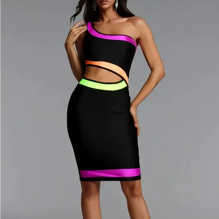 Robe de soirée asymétrique à une épaule pour femmes, élégante et sexy, polyester légèrement extensible, coupe gaine, col rond, sans manches, pour mariages et cérémonies formelles