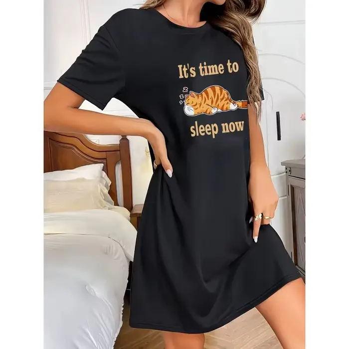Robe à col rond avec imprimé chaton mignon