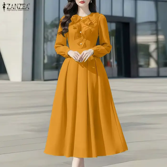 ZANZEA Robes Midi Femme Été Printemps Décontractées Manches Longues Unies Col Rond Ample