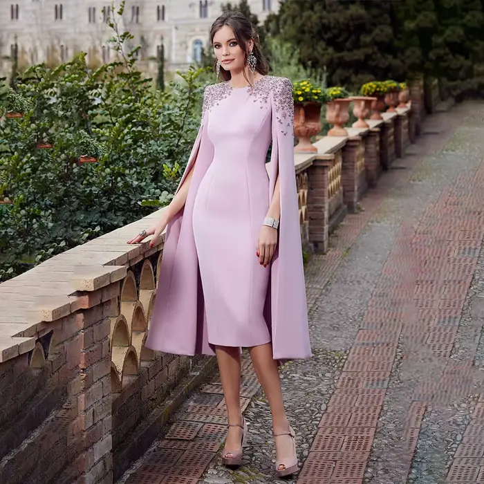 Robe de mariage pour la mère de la mariée µ, longueur genou, gaine/colonne, col rond, perlée, luxe, 