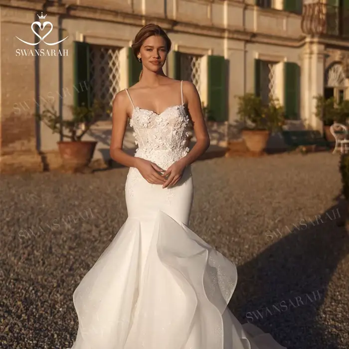 Robe de mariée sirène brillante sans manches fleurs 3D personnalisée SwanSarah occasion mariage plage occasions spéciales