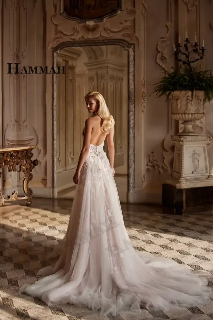 Robe de Mariée HAMMAH Glamour Dos Nu Style Trompette Appliques Dentelle Sans Manches Fente Train Personnalisable Occasions Spéciales