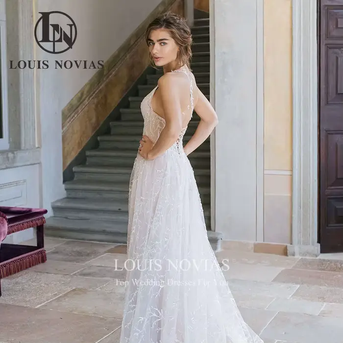 Robe de mariée A-Line en tulle perlé avec licou sexy, col en V, dos nu et lacets pour femmes - Occasions spéciales