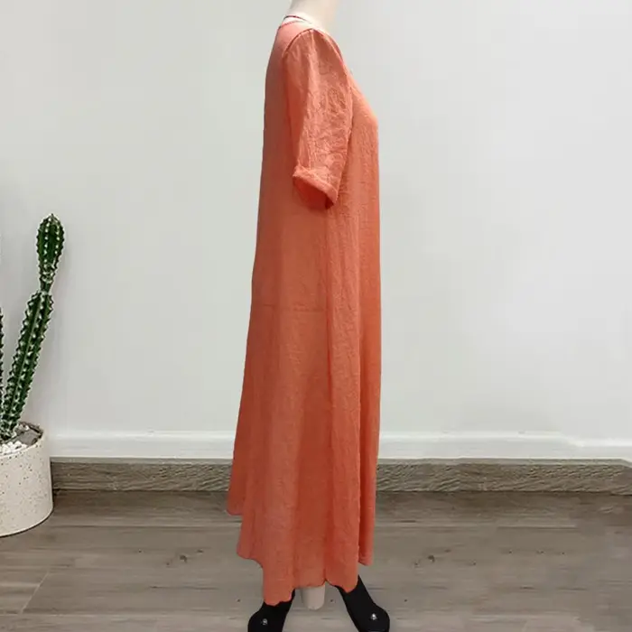 Robe de plage droite en mélange de coton style bohème pour femme col en V et drapé bleu orange rose été