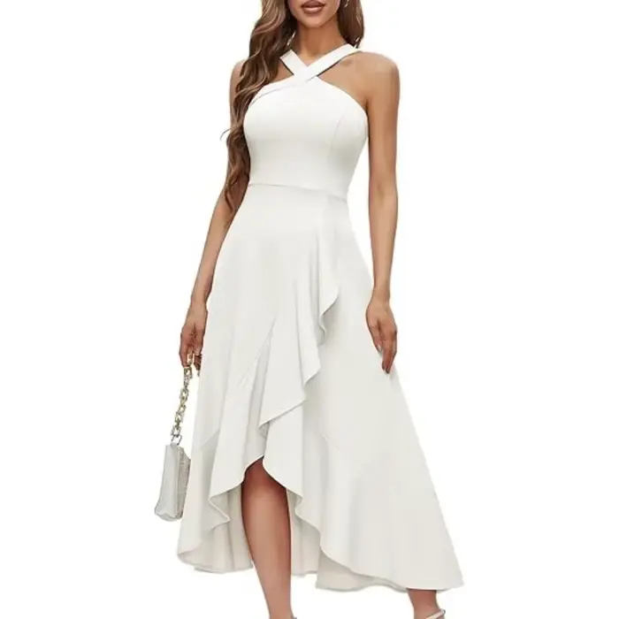 Robe de cocktail midi blanche chic et minimaliste personnalisée, avec col halter croisé, sans manche