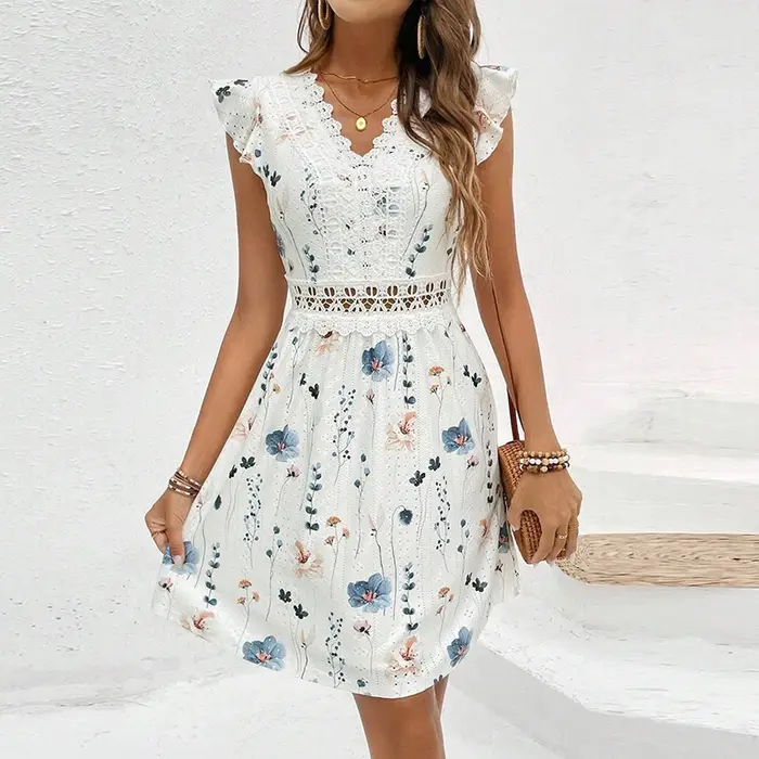 Femmes élégantes robe courte fleur imprimé col en V a-ligne à manches courtes