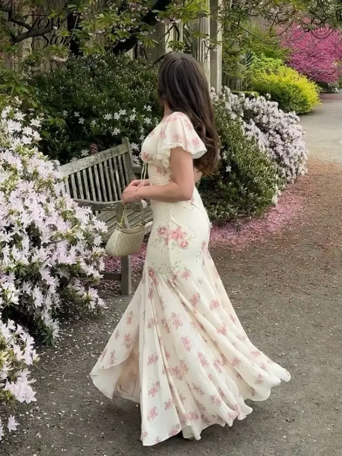 Robe longue plissée à manches volantées pour femme