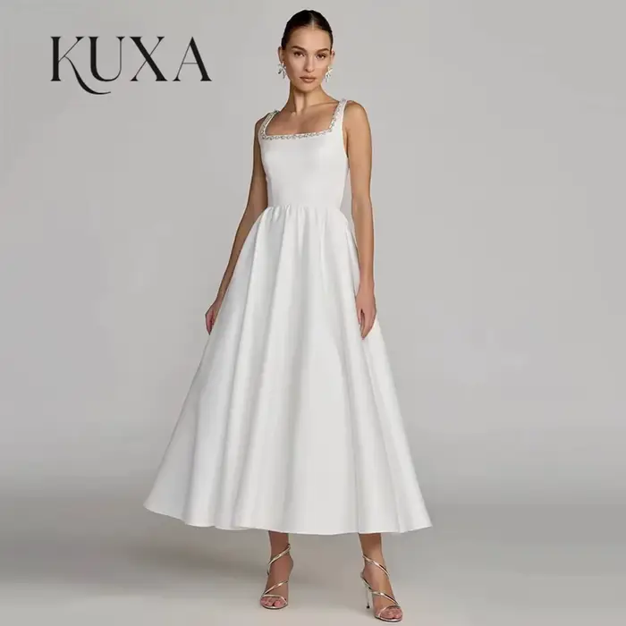 Robe de mariée civile KUXA personnalisée, col carré, sans manches, ornée de perles, coupe trapèze, e