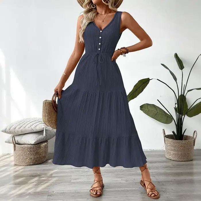 Robe longue texturée sans manches à volants pour femme, col en V, taille à nouer, beige, bleu foncé, bleu clair, décontractée et élégante, pour le quotidien et le week-end