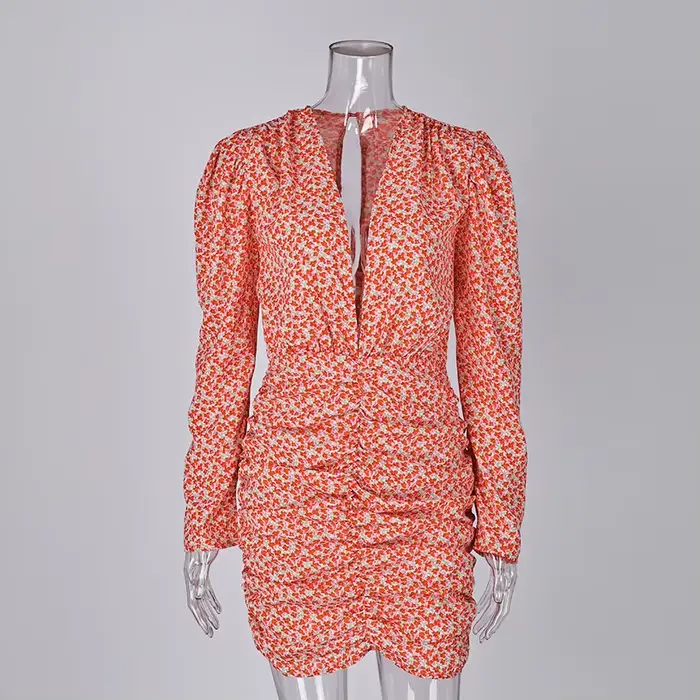 Linad Vintage col en V profond imprimé robe courte Sexy été taille haute plissée Mini