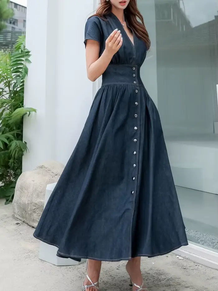 Mode jean robe col en v à manches courtes femmes 2025 été décontracté ample femme dames sans