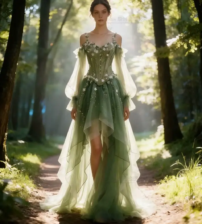 Robe de mariée vert forêt féerique 2026 à manches longues, asymétrique, style bohème plage, avec mot