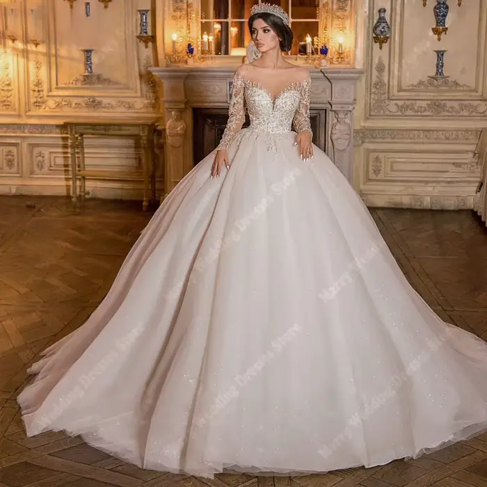 Robes de mariée A-ligne élégantes pour femmes, appliques en dentelle brillante, robe de princesse à 