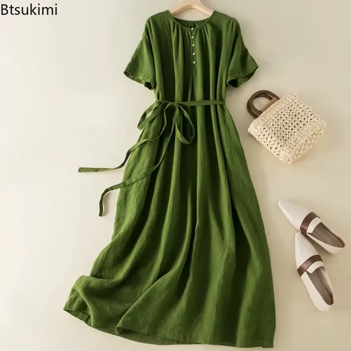Robe en coton et lin décontractée vintage maxi à lacets pour femmes d'été ocasions spéciales et quotidiennes